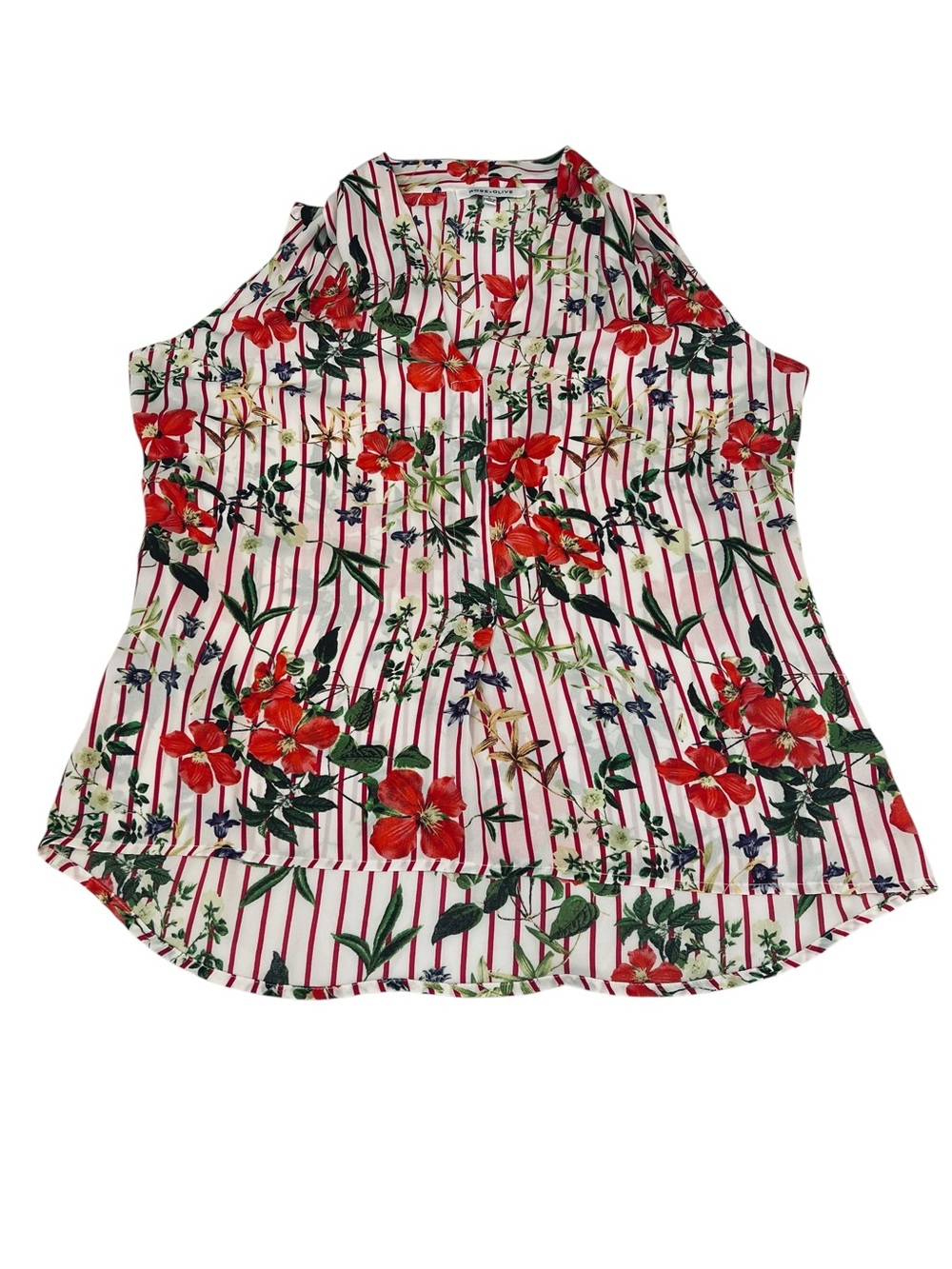 Rose & Olive Floral  Red Stripe Sleeveless V-Neck Semi Sheer  Top